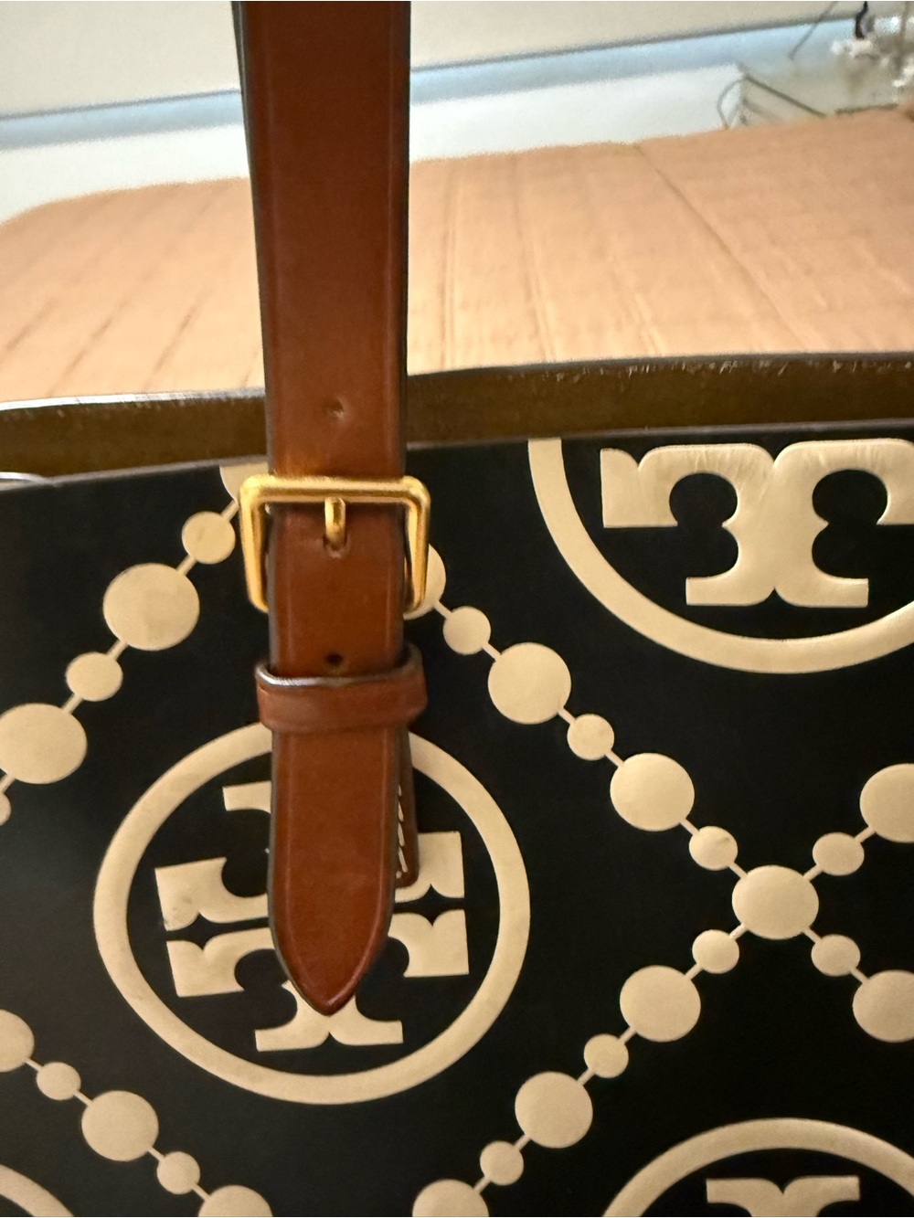 Tory Burch Cream and Black Logo Tote with Brown Straps - Picture 4 of 12